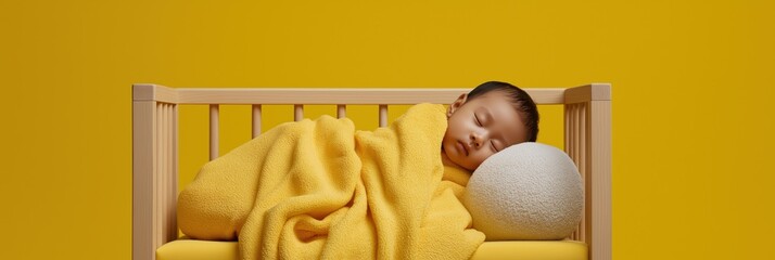 Asian infant sleeping peacefully in yellow blanket in wooden crib