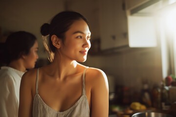 Young asian female in sunlit kitchen preparing meal