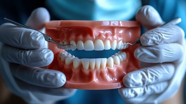 A dental model with realistic teeth held by gloved hands. The model showcases a complete set of upper and lower teeth, emphasizing dental education and hygiene.
