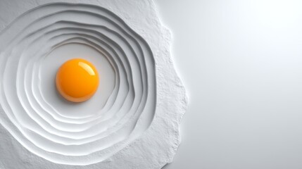 Minimalist egg yolk in textured concentric layers, bright orange and white, representing purity and culinary art with copy space.