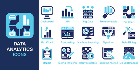 Data Analytics solid icons collection. Containing  data, digital, analysis, chart, information, dashboard and more. Solid vector icons collection. Vector Illustration.
