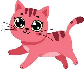Adorable pink cartoon kitten with big green eyes playfully walking and looking curious a delightful pet illustration for children isolated on transparent background