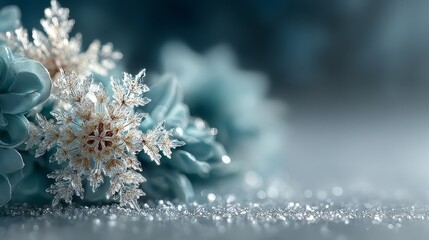 Fototapeta premium Sparkling glass snowflake, cold mood, resting on a bed of glitter with a blurred background, representing winter and holiday elegance, with copy space.