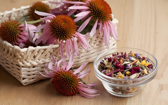 A woven basket contains fresh coneflowers with distinctive orange-brown central cones and pink petals