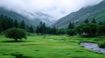 Verdant Mountain Valley with Lush Green Meadow and Flowing Stream Under Misty Sky