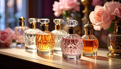 Elegant perfume bottles on a table with roses