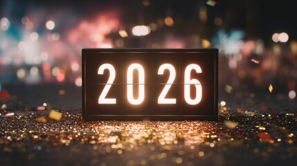 Flip clock showing 2026 for New Year celebration. Holiday decoration with glitter and bokeh light for festive event.