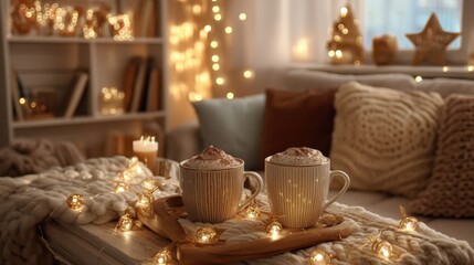 Two cups of hot cocoa with whipped cream on a wooden tray with string lights. Cozy winter evening home decor for relaxation.