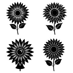 Fototapeta premium Four sunflower drawings in black and white with different petal and center designs on a white background