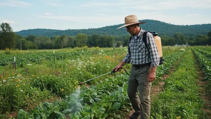 Medium shot of a farmer applying ecofriendly pest control sprays on crops in a lush green field focusing on sustainable Integrated Pest Management techniques.