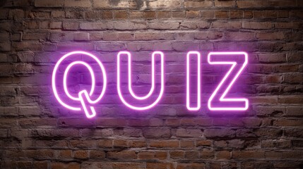 Pink neon light sign with word Quiz on dark brick wall for trivia game or entertainment event.