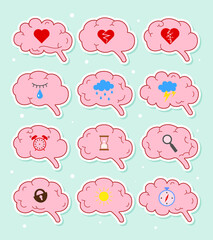 Set of brain icons with emotional and psychological symbols including heart, broken heart, crying, storm, clock, sun, and compass. Concept of mental health, feelings, and human emotions.