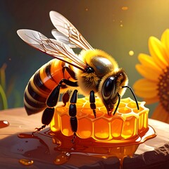 Detailed honeybee on honeycomb