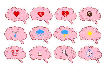Colorful set of brain icons with emotional and cognitive symbols inside: heart, tear, storm, sun, clock, hourglass, compass. Psychology, mental health, therapy and emotions concept.