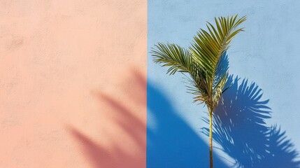 Palm tree against a pink and blue wall. Shadow on textured surface. Minimalist tropical background for summer poster.