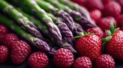 Vibrant Asparagus Strawberries and Raspberries Close Up on Dark Background Fresh Produce Still Life Macro Food Photography