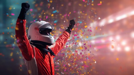 Male car racer with helmet raises arm in victory at celebration. Motorsport winner happy in confetti.