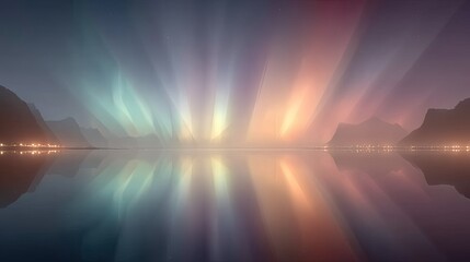 Vibrant Aurora Borealis Reflected on Calm Lake at Night with Mountain Silhouette and City Lights Warm Glow Soft Ambient Light