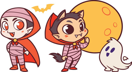 Cute Halloween Cartoon Characters – Vampire, Werewolf, Ghost and Full Moon