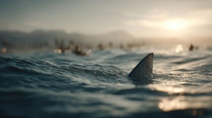 Fototapeta premium Shark fin in water at sunset with blurred background. Dangerous marine animal swimming near ocean surface. Summer vacation, fear concept.