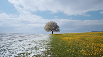Lone tree on a field with half covered by snow and half blooming with yellow flowers. Spring coming after winter concept.