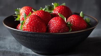 Fresh red strawberry in a black bowl. Delicious ripe berry as a healthy food and sweet dessert ingredient.