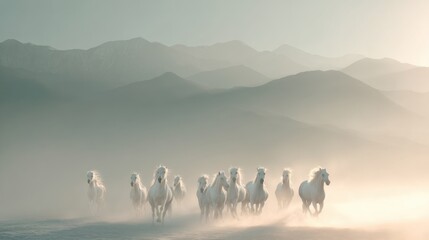Naklejka premium Herd of wild white horses gallop through foggy mountain landscape. Dynamic freedom concept image.
