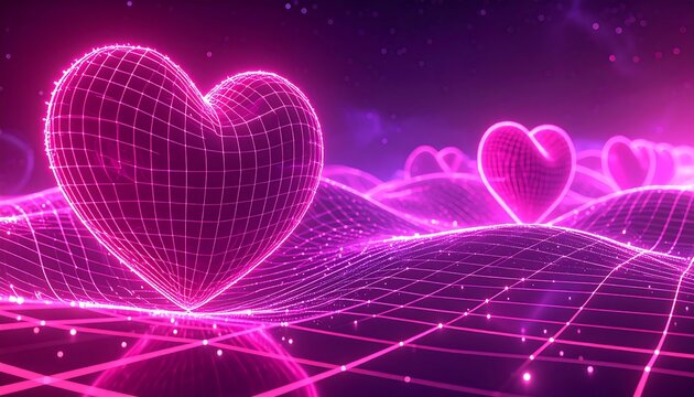 Pink digital hearts on a grid landscape - Powered by Adobe