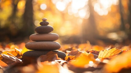 Stone cairn on stack of stones in autumn park. Balance and harmony in nature. Tranquil outdoor scene.