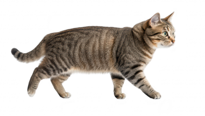 A curious tabby cat walking gracefully across a clean white background. its sleek fur and playful demeanor. perfect for animal lovers and pet-related content