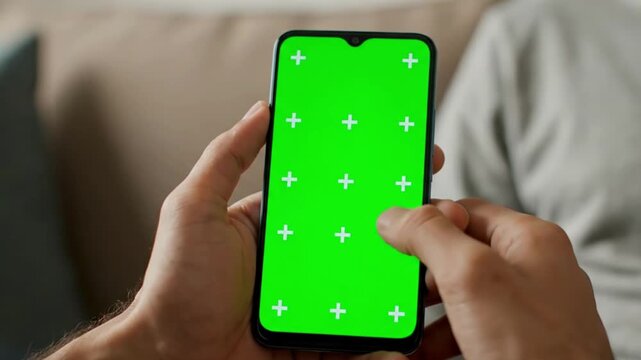 A persons hands hold a smartphone with a green screen and tracking markers, ready for content customization