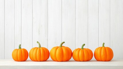 Five Orange Pumpkins on White Wooden Table and Wall Autumn Fall Harvest