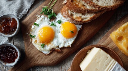 Fried eggs bread cheese and jam on wooden boards breakfast food culinary
