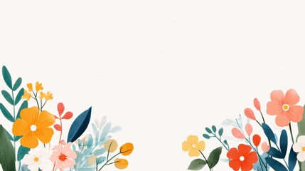 Watercolor floral border design orange pink and yellow flowers green leaves white background