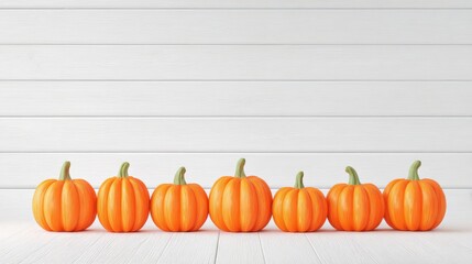 Seven orange pumpkins arranged on a white wooden surface against a white wood wall