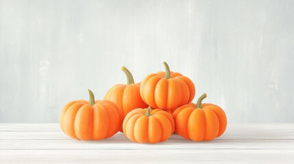 Five orange pumpkins on white wooden surface against a gray background