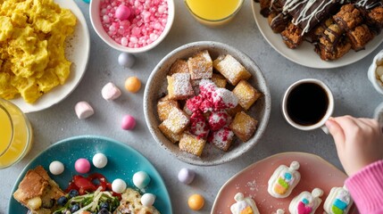 Delicious breakfast spread French toast scrambled eggs pastries coffee juice and sweets