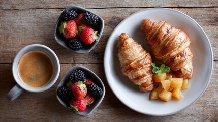 Gourmet breakfast Croissants berries applesauce espresso Food Coffee Pastry