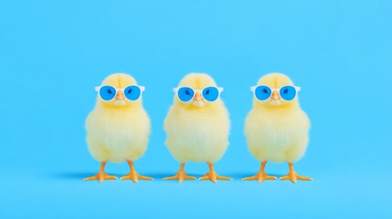 Three baby chicks wearing blue sunglasses against a light blue background