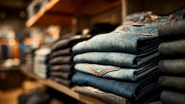 Medium shot capturing various pairs of skinny denim jeans stacked on shelves with one pair sharply detailed in the foreground and the store setting softly blurred.