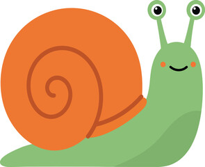 Charming cartoon snail character with orange shell bright green body and googly eyes smiling isolated on transparent background