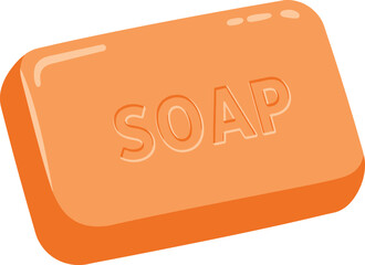 Close-up of a rectangular bar of orange soap with the word 'soap' embossed on its surface creating a textured look isolated on transparent background
