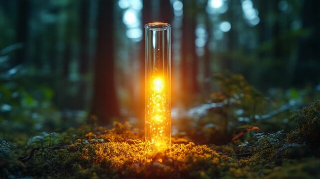 Mysterious Luminous Vial with Glowing Substance in a Dark Forest.