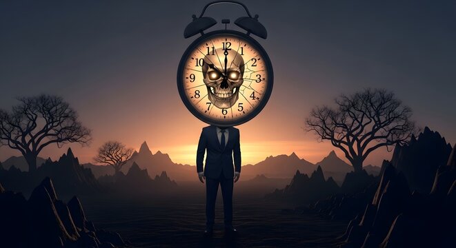 Pixel art depicts a businessman in a suit with an alarm clock head at sunset in a desolate landscape. The image evokes themes of time, death, and pressure.