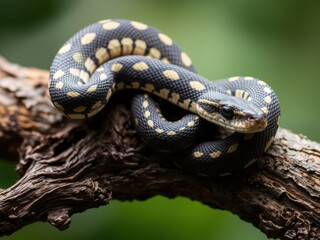 Obraz premium Diamond python resting gracefully on a branch, nature's beautiful reptile closeup.