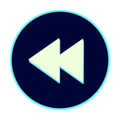 A modern, high-tech Rewind icon featuring two light-colored triangles pointing left, centered within a solid dark navy blue circle. The entire icon has a brilliant glowing light-blue outline