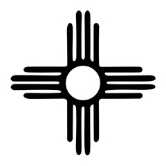 Zia Sun Symbol. Solar sign with four sunbeams in each direction, as it is used by the indigenous Zia people. The symbol is also featured on the New Mexico flag. Isolated black and white illustration.