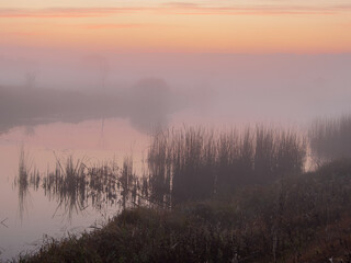 autumn foggy landscape with fog and lake