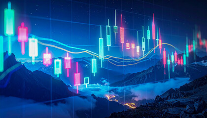 Futuristic FinTech Trading Chart Overlay on Mountain Landscape.