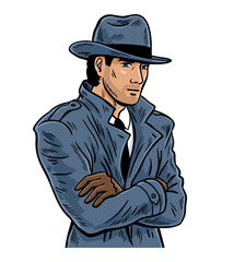 Hardboiled detective portrait in trench coat and fedora